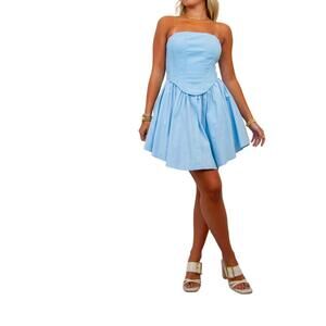 NEW BABY PINK strapless babydoll corset mini dress in blue